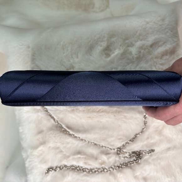 La Regale Crisscross Navy Blue Satin Structured Envelope (Clutch/ Shoulder Bag/ - Picture 6 of 16